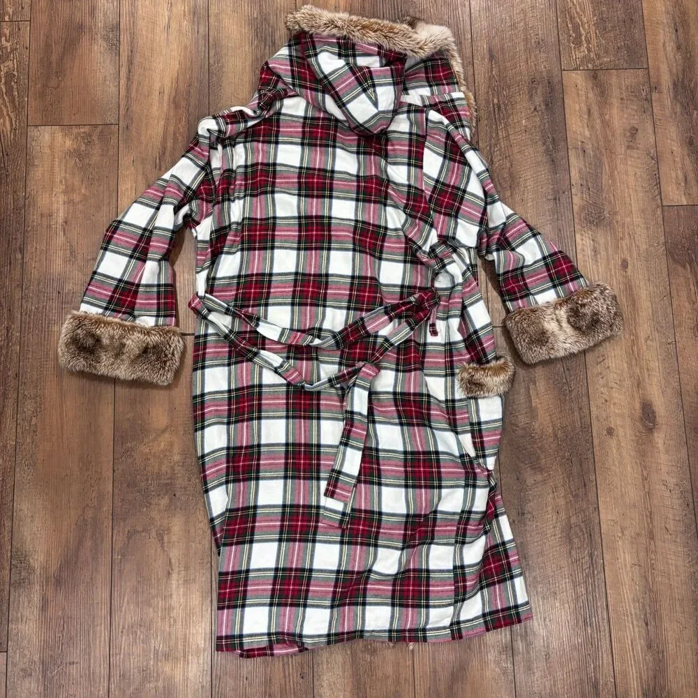 Pottery Barn Stewart Plaid Flannel Faux Fur Robe with Belt Size Large Unisex - Picture 6 of 7
